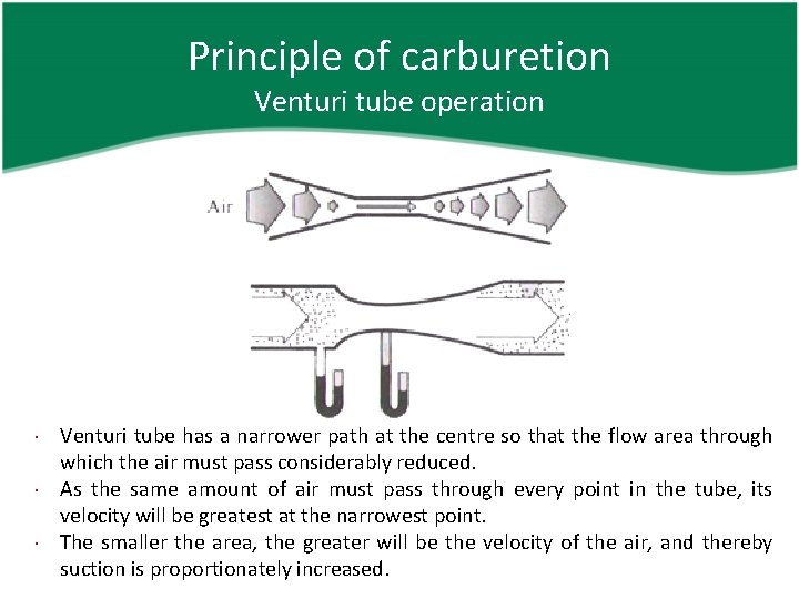 Principle of carburetion Venturi tube operation Venturi tube has a narrower path at the