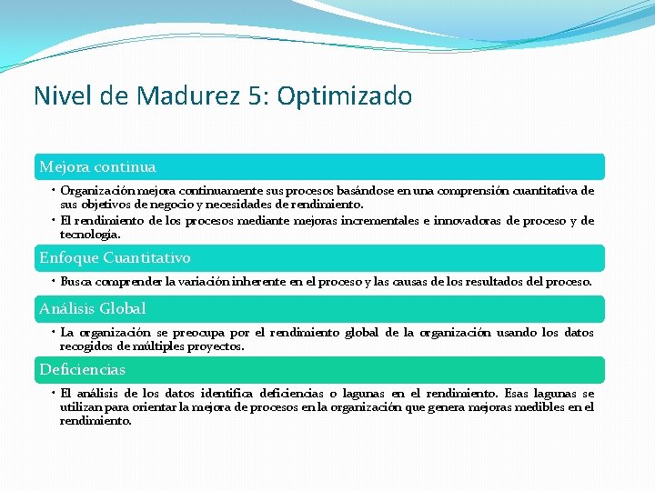 Nivel de Madurez 5: Optimizado Mejora continua • Organización mejora continuamente sus procesos basándose