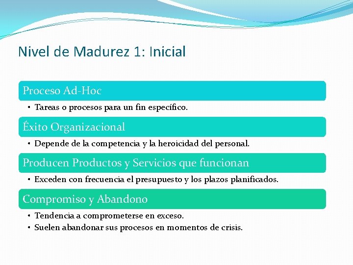 Nivel de Madurez 1: Inicial Proceso Ad-Hoc • Tareas o procesos para un fin