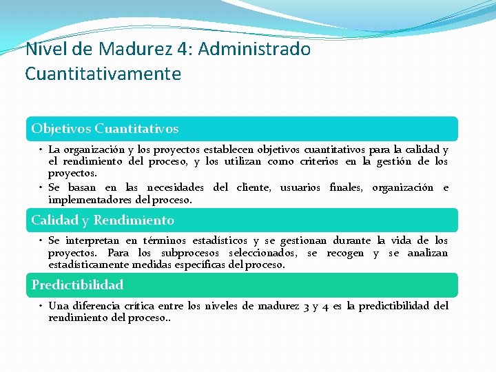 Nivel de Madurez 4: Administrado Cuantitativamente Objetivos Cuantitativos • La organización y los proyectos