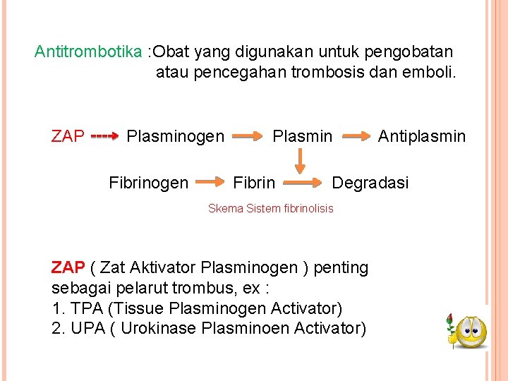 Antitrombotika : Obat yang digunakan untuk pengobatan atau pencegahan trombosis dan emboli. ZAP Plasminogen