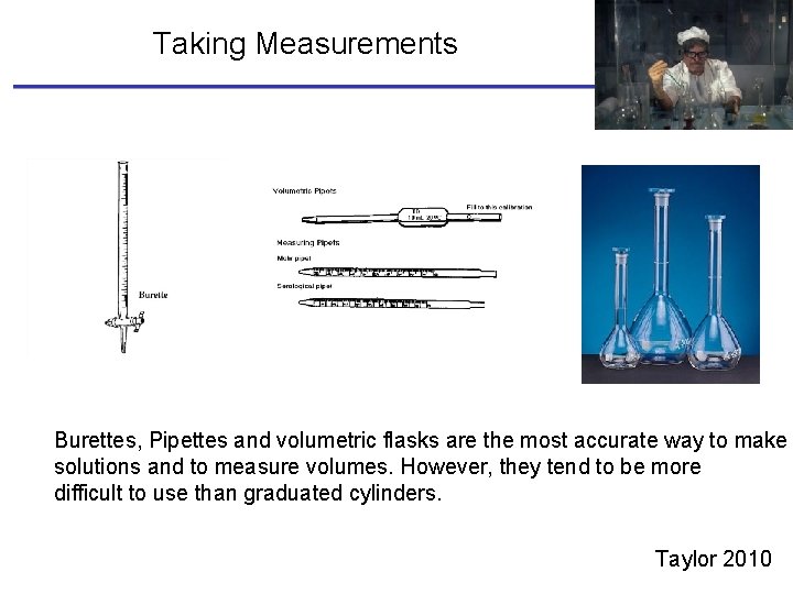 Taking Measurements Burettes, Pipettes and volumetric flasks are the most accurate way to make