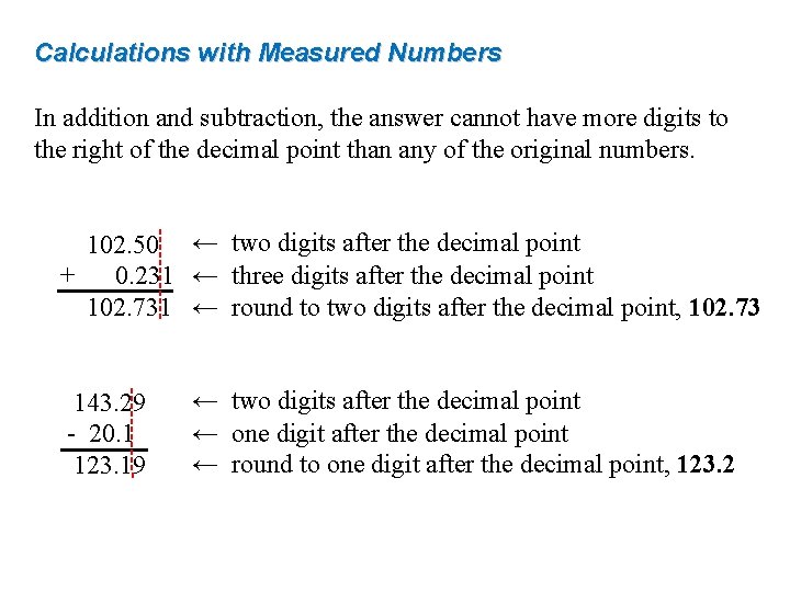Calculations with Measured Numbers In addition and subtraction, the answer cannot have more digits