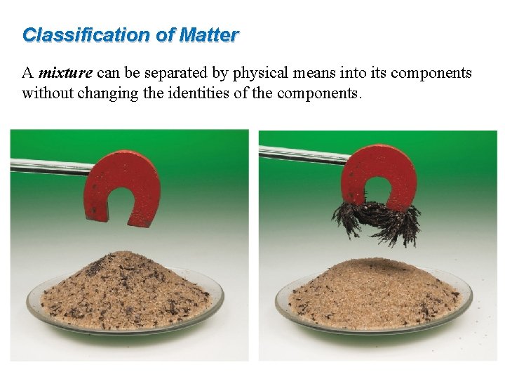 Classification of Matter A mixture can be separated by physical means into its components