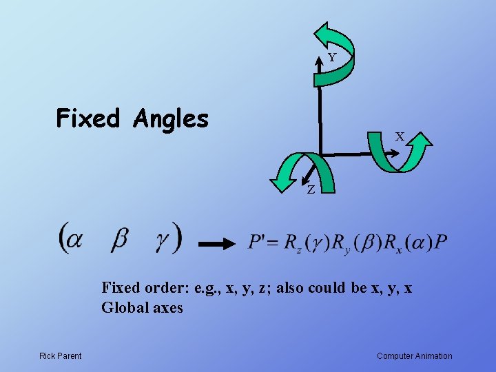 Y Fixed Angles X Z Fixed order: e. g. , x, y, z; also