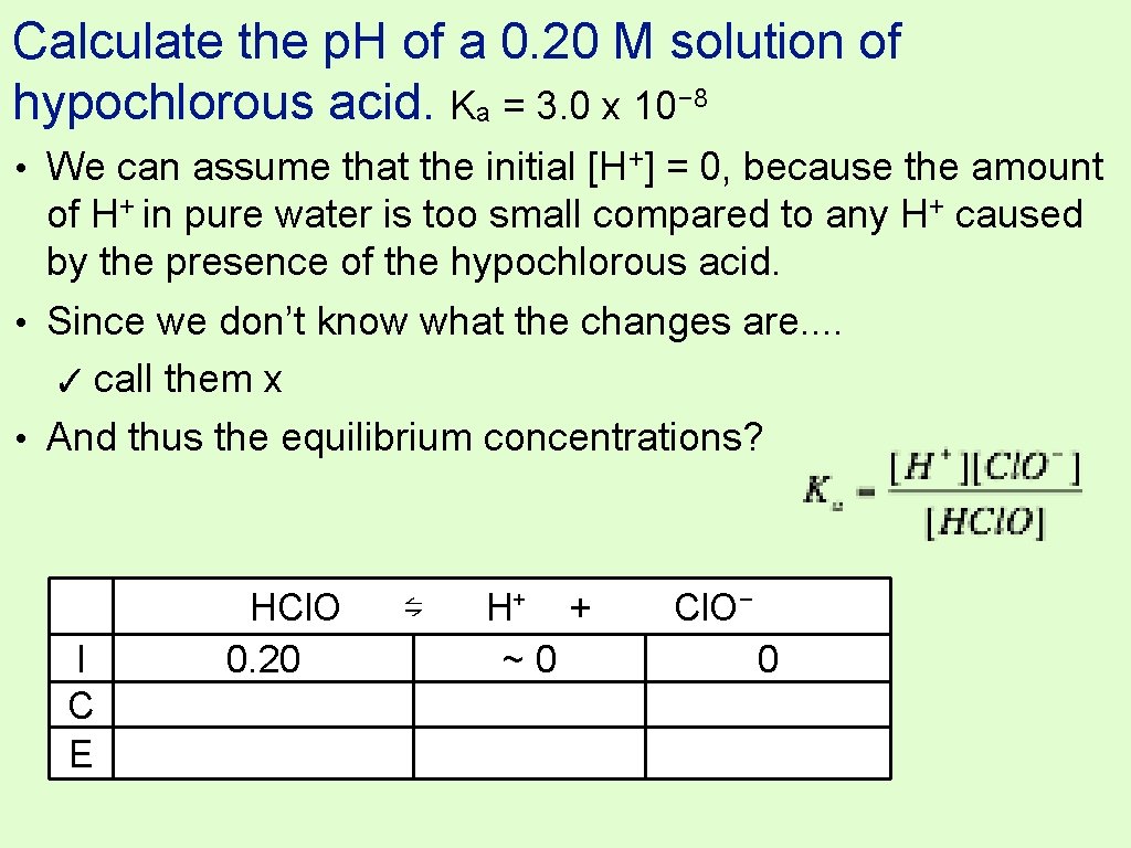 Calculate the p. H of a 0. 20 M solution of hypochlorous acid. Ka