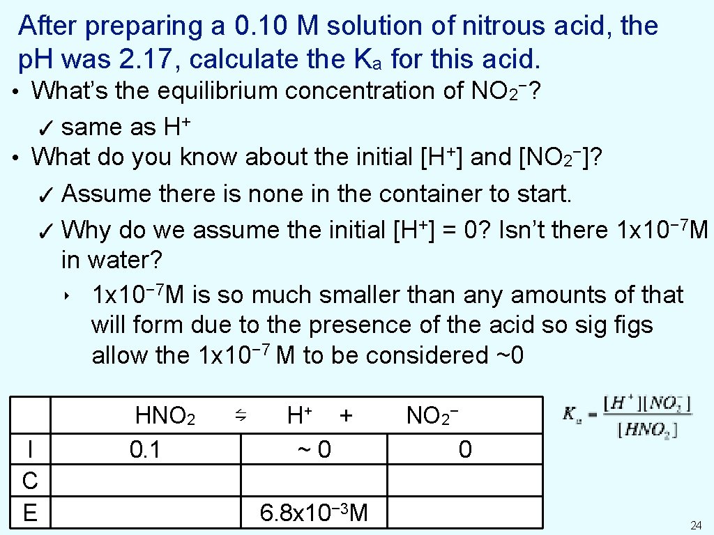 After preparing a 0. 10 M solution of nitrous acid, the p. H was