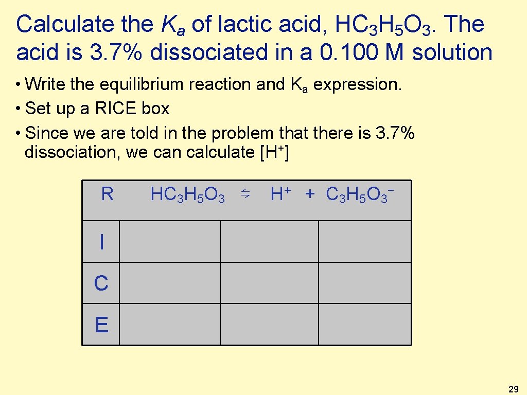 Calculate the Ka of lactic acid, HC 3 H 5 O 3. The acid