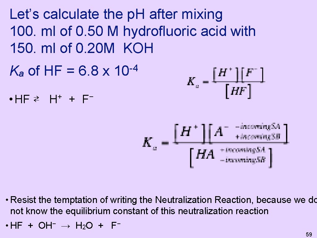 Let’s calculate the p. H after mixing 100. ml of 0. 50 M hydrofluoric