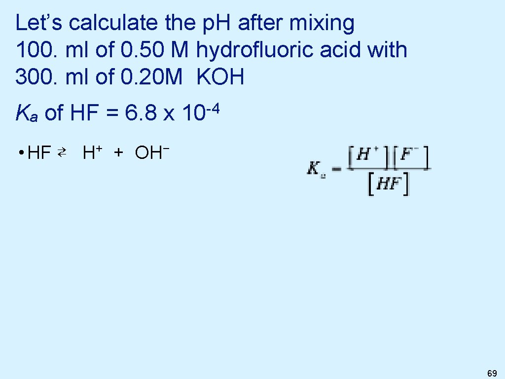 Let’s calculate the p. H after mixing 100. ml of 0. 50 M hydrofluoric