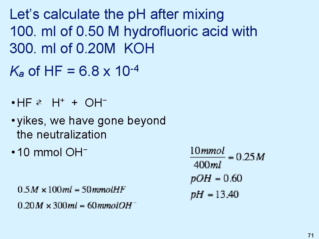 Let’s calculate the p. H after mixing 100. ml of 0. 50 M hydrofluoric