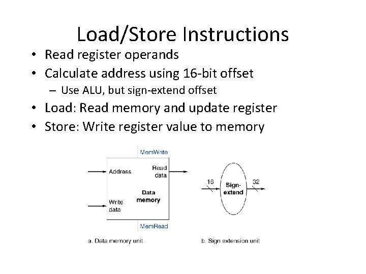 Load/Store Instructions • Read register operands • Calculate address using 16 -bit offset –