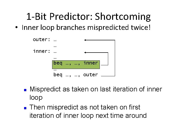 1 -Bit Predictor: Shortcoming • Inner loop branches mispredicted twice! outer: … … inner: