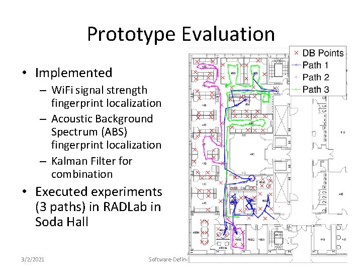 Prototype Evaluation • Implemented – Wi. Fi signal strength fingerprint localization – Acoustic Background