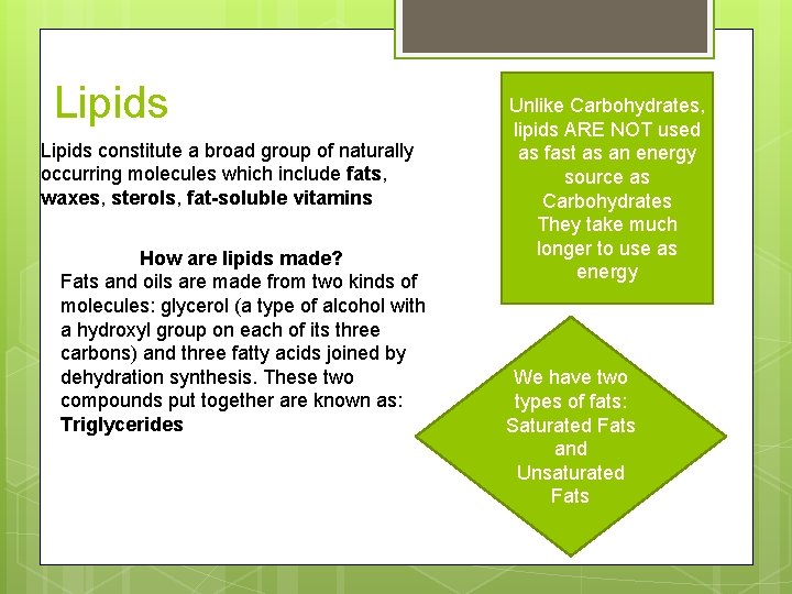Lipids constitute a broad group of naturally occurring molecules which include fats, waxes, sterols,