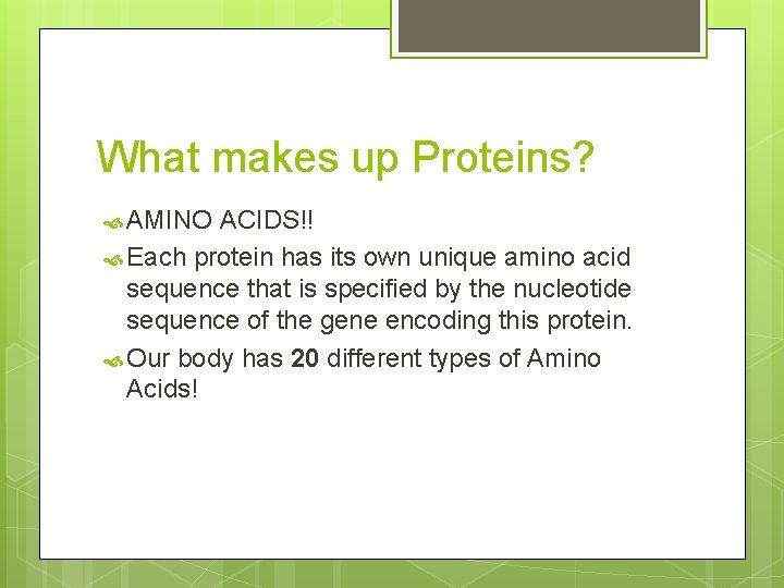 What makes up Proteins? AMINO ACIDS!! Each protein has its own unique amino acid