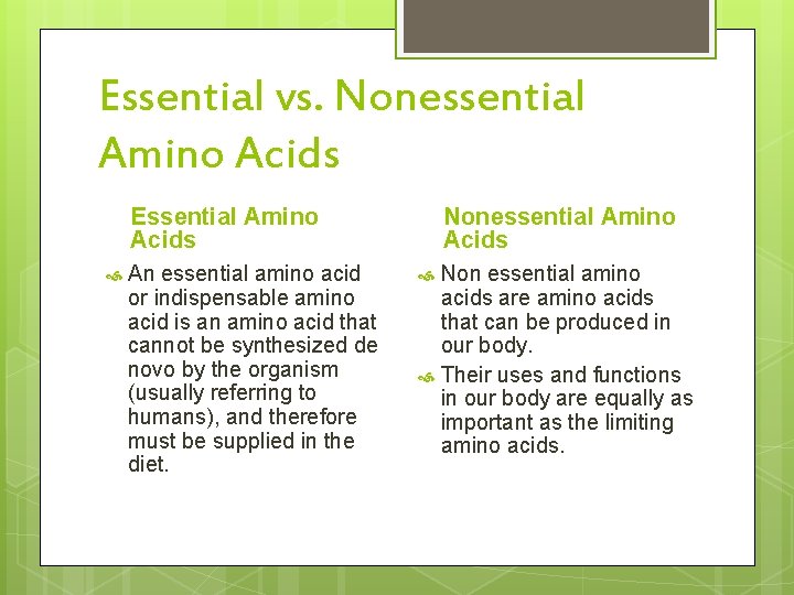Essential vs. Nonessential Amino Acids Essential Amino Acids An essential amino acid or indispensable