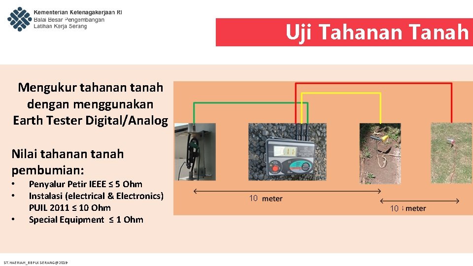 Uji Tahanan Tanah Mengukur tahanan tanah dengan menggunakan Earth Tester Digital/Analog Nilai tahanan tanah