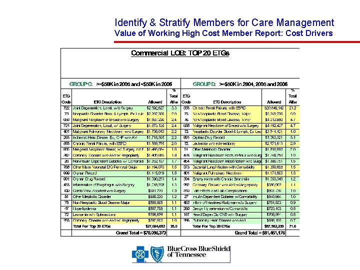 Identify & Stratify Members for Care Management Value of Working High Cost Member Report: