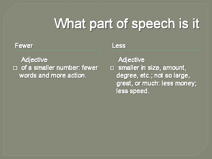 What part of speech is it Fewer Adjective � of a smaller number: fewer