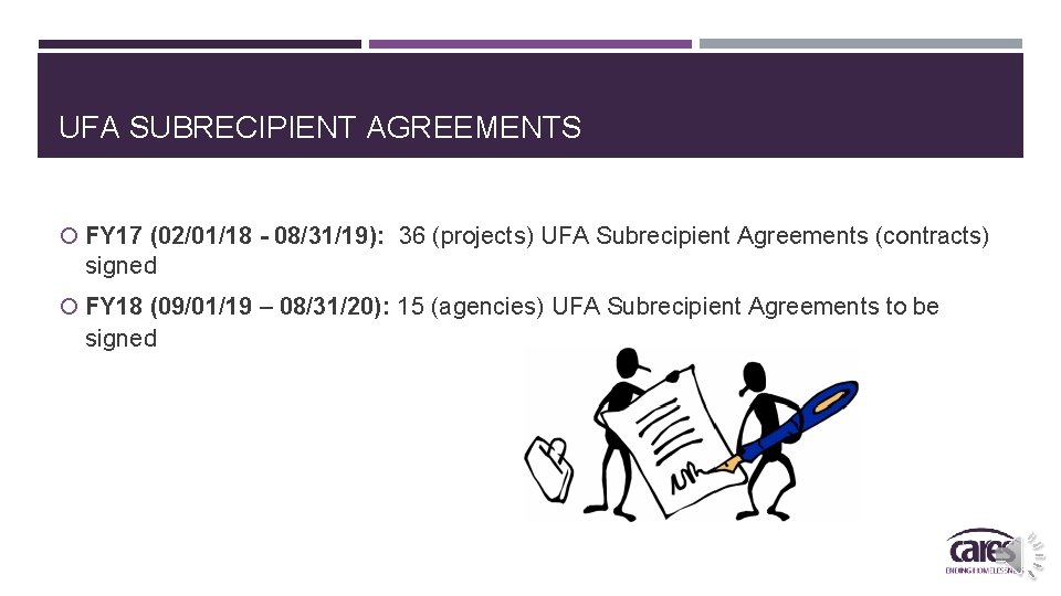 UFA SUBRECIPIENT AGREEMENTS FY 17 (02/01/18 - 08/31/19): 36 (projects) UFA Subrecipient Agreements (contracts)