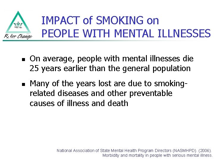 IMPACT of SMOKING on PEOPLE WITH MENTAL ILLNESSES n n On average, people with