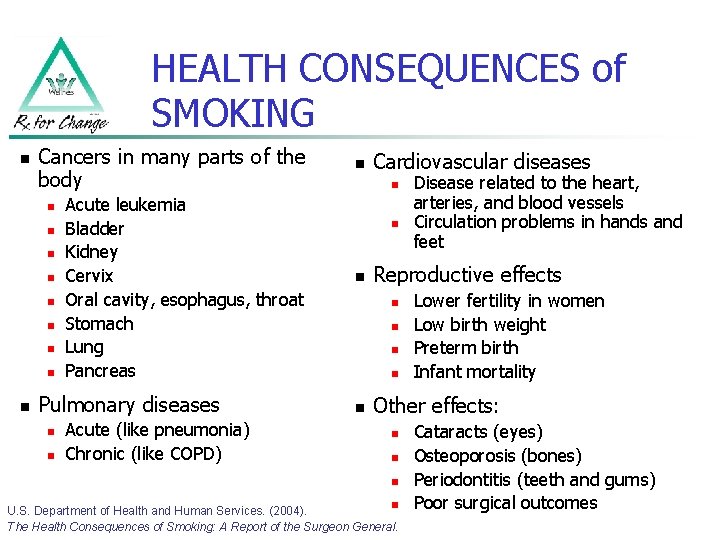 HEALTH CONSEQUENCES of SMOKING n Cancers in many parts of the body n n