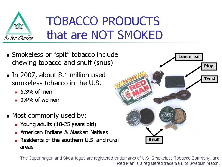 TOBACCO PRODUCTS that are NOT SMOKED n n Smokeless or “spit” tobacco include chewing