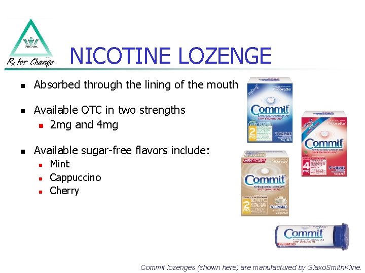 NICOTINE LOZENGE n n n Absorbed through the lining of the mouth Available OTC