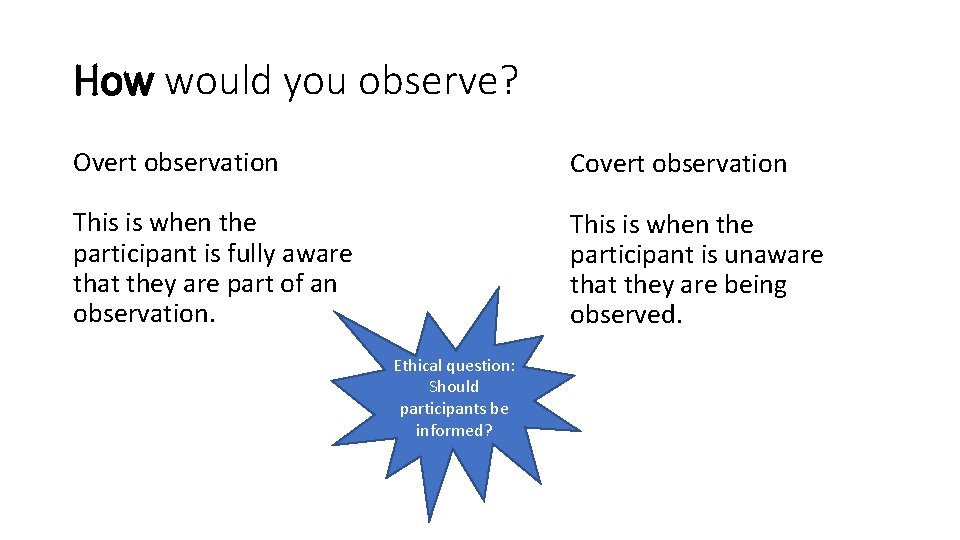 How would you observe? Overt observation Covert observation This is when the participant is How would you observe? Overt observation Covert observation This is when the participant is