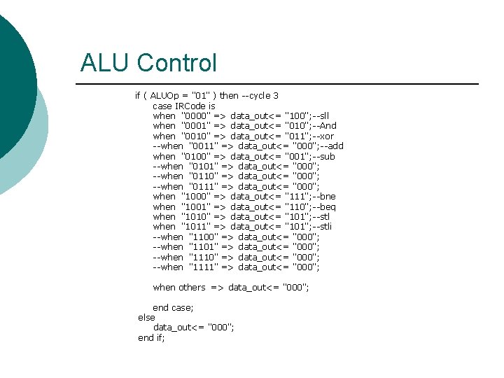 ALU Control if ( ALUOp = "01" ) then --cycle 3 case IRCode is