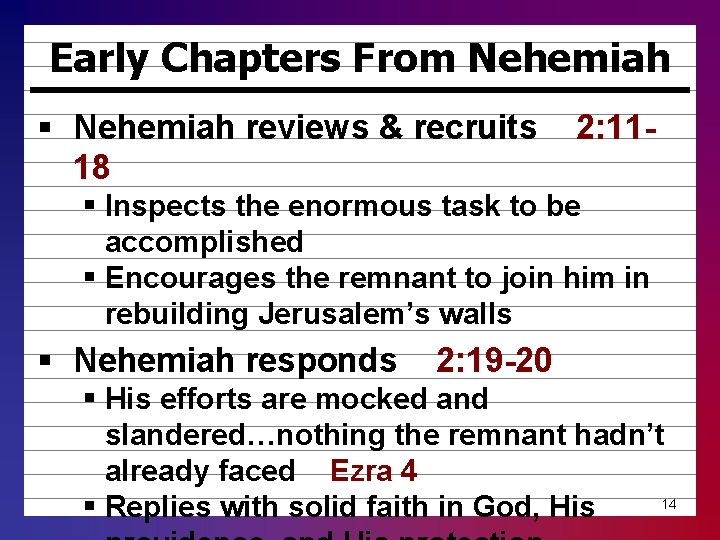 Early Chapters From Nehemiah § Nehemiah reviews & recruits 18 2: 11 - §