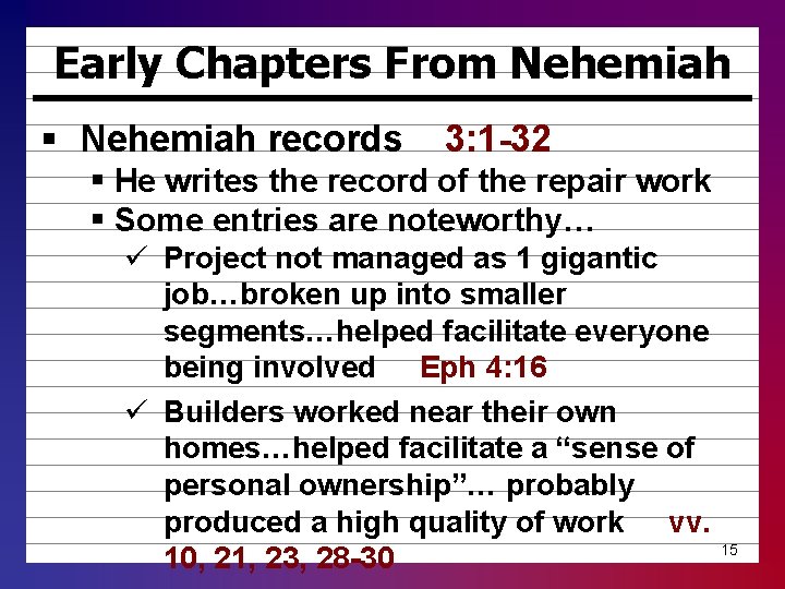 Early Chapters From Nehemiah § Nehemiah records 3: 1 -32 § He writes the