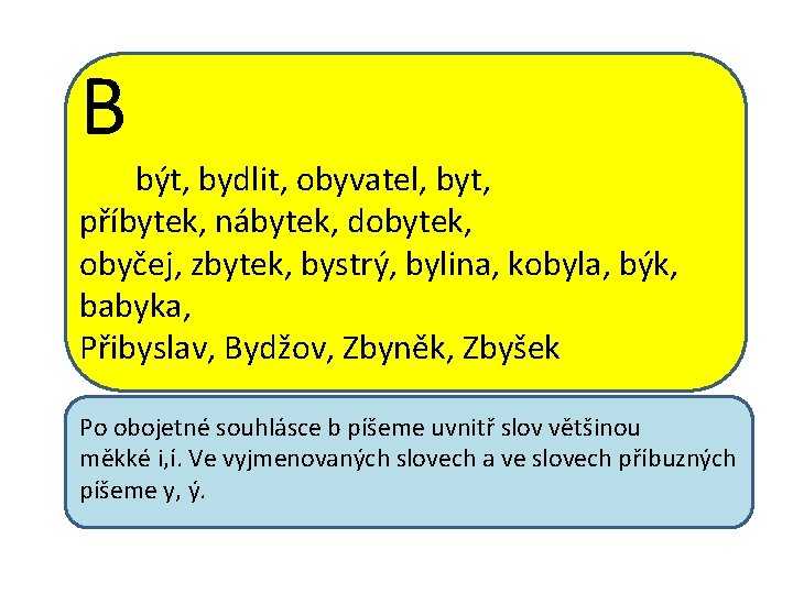 B být, bydlit, obyvatel, byt, příbytek, nábytek, dobytek, obyčej, zbytek, bystrý, bylina, kobyla, býk,