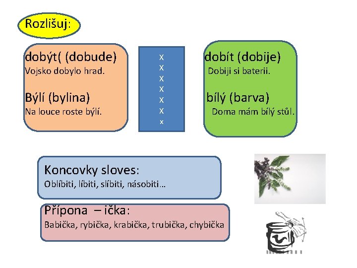 Rozlišuj: dobýt( (dobude) Vojsko dobylo hrad. Býlí (bylina) Na louce roste býlí. X X