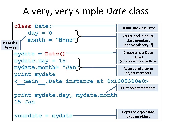 A very, very simple Date class Date: day = 0 month = "None" Note A very, very simple Date class Date: day = 0 month = "None" Note