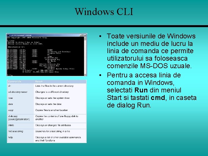 Windows CLI • Toate versiunile de Windows include un mediu de lucru la linia