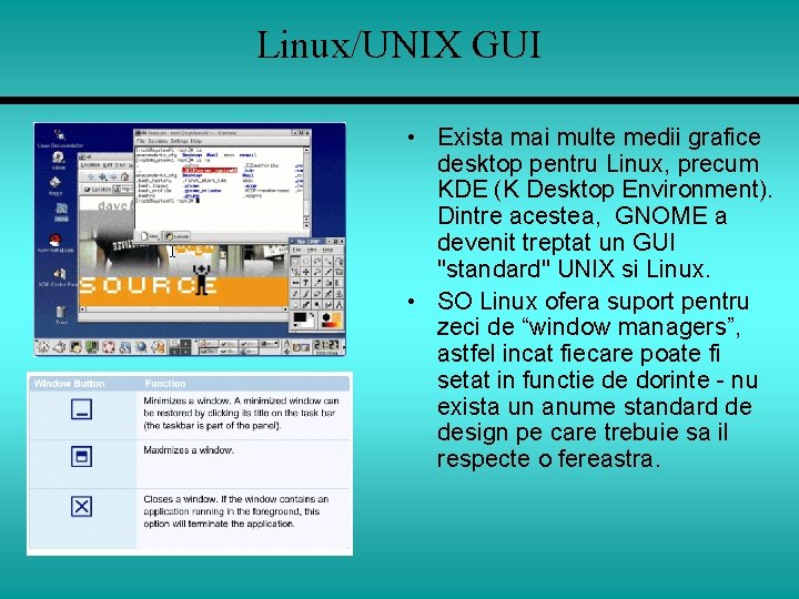 Linux/UNIX GUI • Exista mai multe medii grafice desktop pentru Linux, precum KDE (K