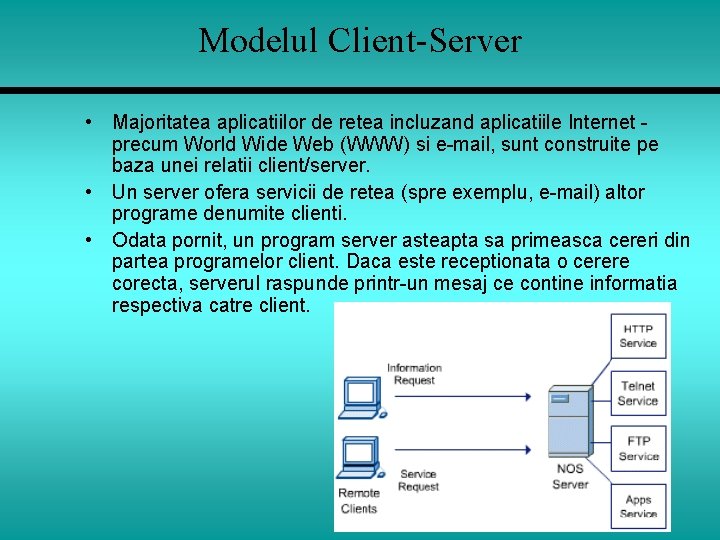 Modelul Client-Server • Majoritatea aplicatiilor de retea incluzand aplicatiile Internet precum World Wide Web