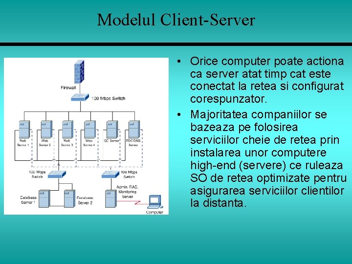 Modelul Client-Server • Orice computer poate actiona ca server atat timp cat este conectat