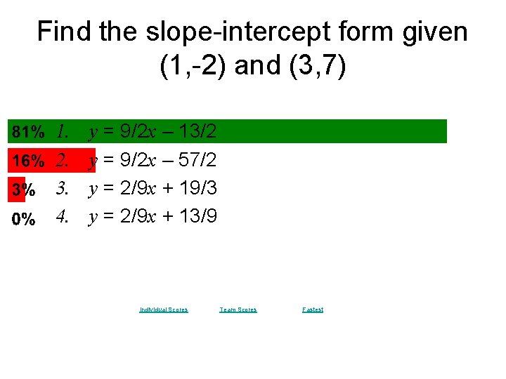 Find the slope-intercept form given (1, -2) and (3, 7) 1. 2. 3. 4.