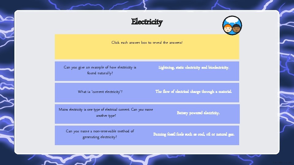 Electricity Click each answer box to reveal the answers! Can you give an example
