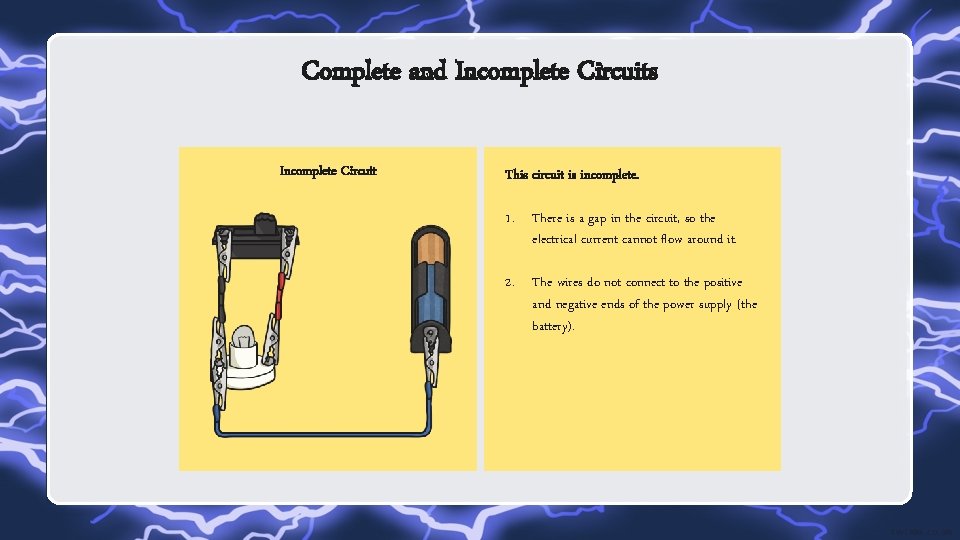 Complete and Incomplete Circuits Incomplete Circuit This circuit is incomplete. 1. There is a