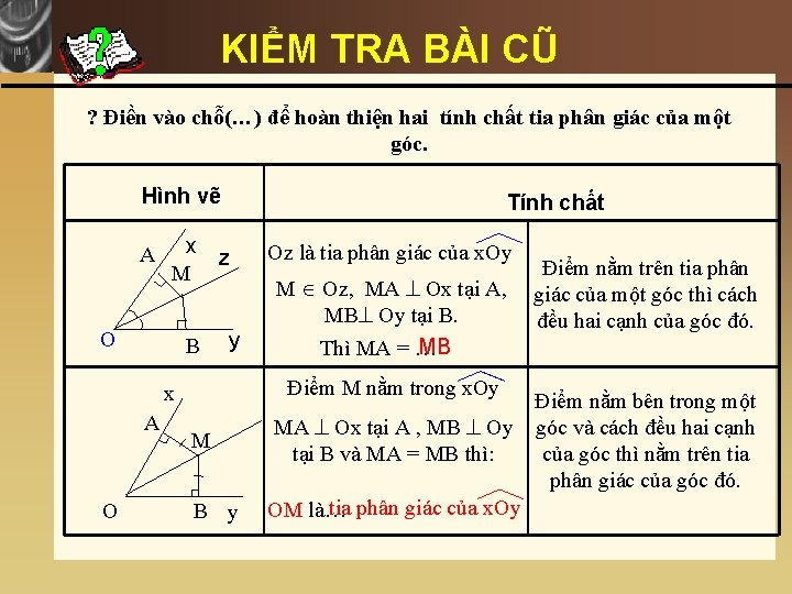 KIỂM TRA BÀI CŨ ? Điền vào chỗ(…) để hoàn thiện hai tính chất