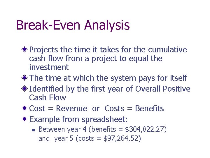 Break-Even Analysis Projects the time it takes for the cumulative cash flow from a