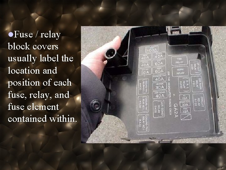 l. Fuse / relay block covers usually label the location and position of each