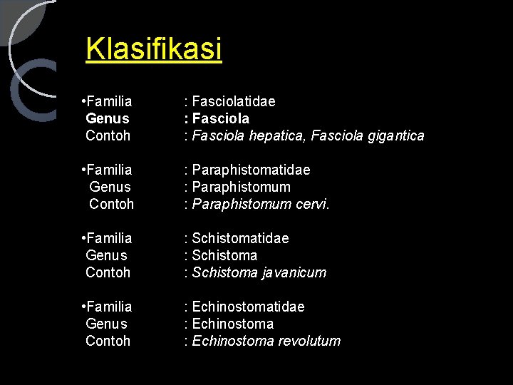 Klasifikasi • Familia Genus Contoh : Fasciolatidae : Fasciola hepatica, Fasciola gigantica • Familia