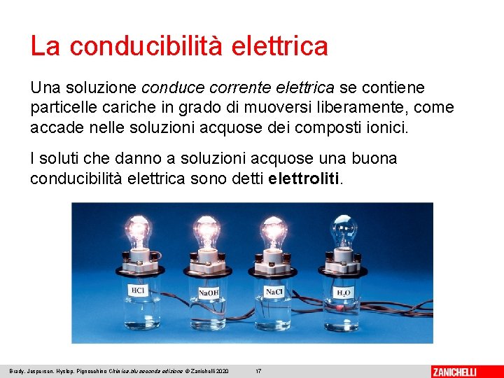 La conducibilità elettrica Una soluzione conduce corrente elettrica se contiene particelle cariche in grado