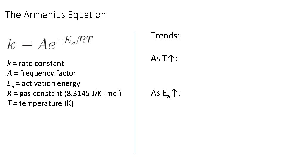 The Arrhenius Equation Trends: k = rate constant A = frequency factor Ea =