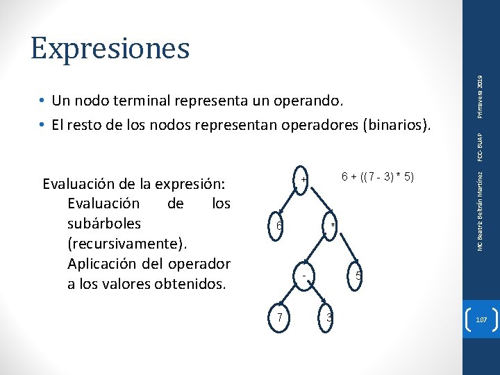 Evaluación de la expresión: Evaluación de los subárboles (recursivamente). Aplicación del operador a los